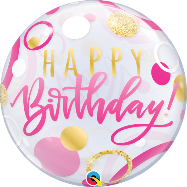 Pkg Birthday Pink & Gold Dots Bubble Balloon 22"