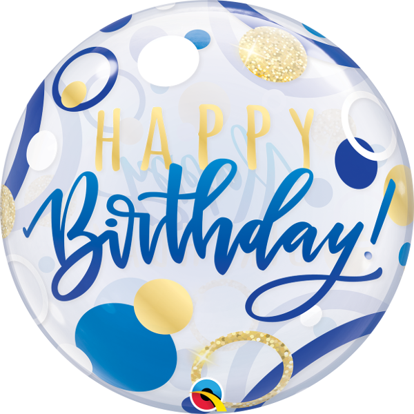 Pkg Birthday Blue & Gold Dots Bubble Balloon 22"